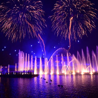 Fireworks display at La Cinéscénie at Puy du Fou in Epesses in Vendée, the largest nighttime show in the world