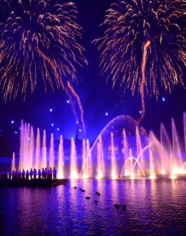 Fireworks display at La Cinéscénie at Puy du Fou in Epesses in Vendée, the largest nighttime show in the world